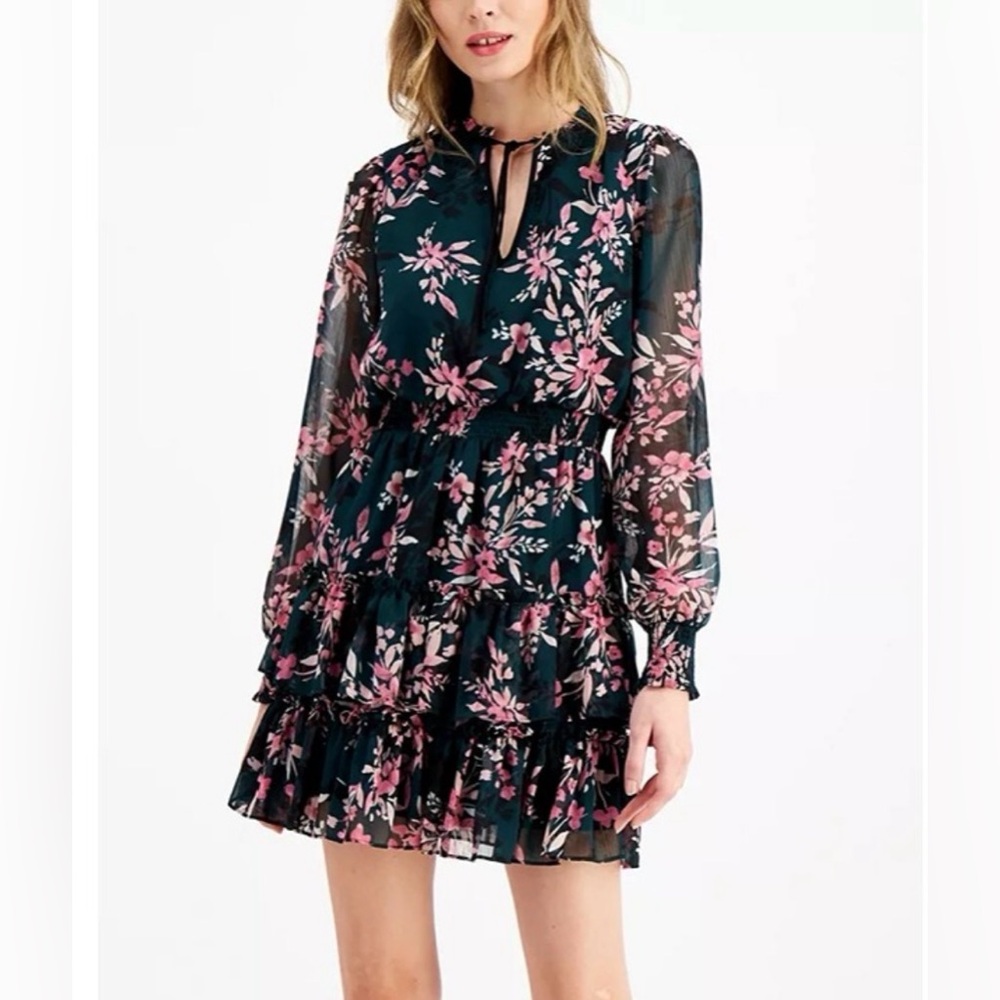 Bar III Floral Print Mini Tie Neck Dress Size XXS